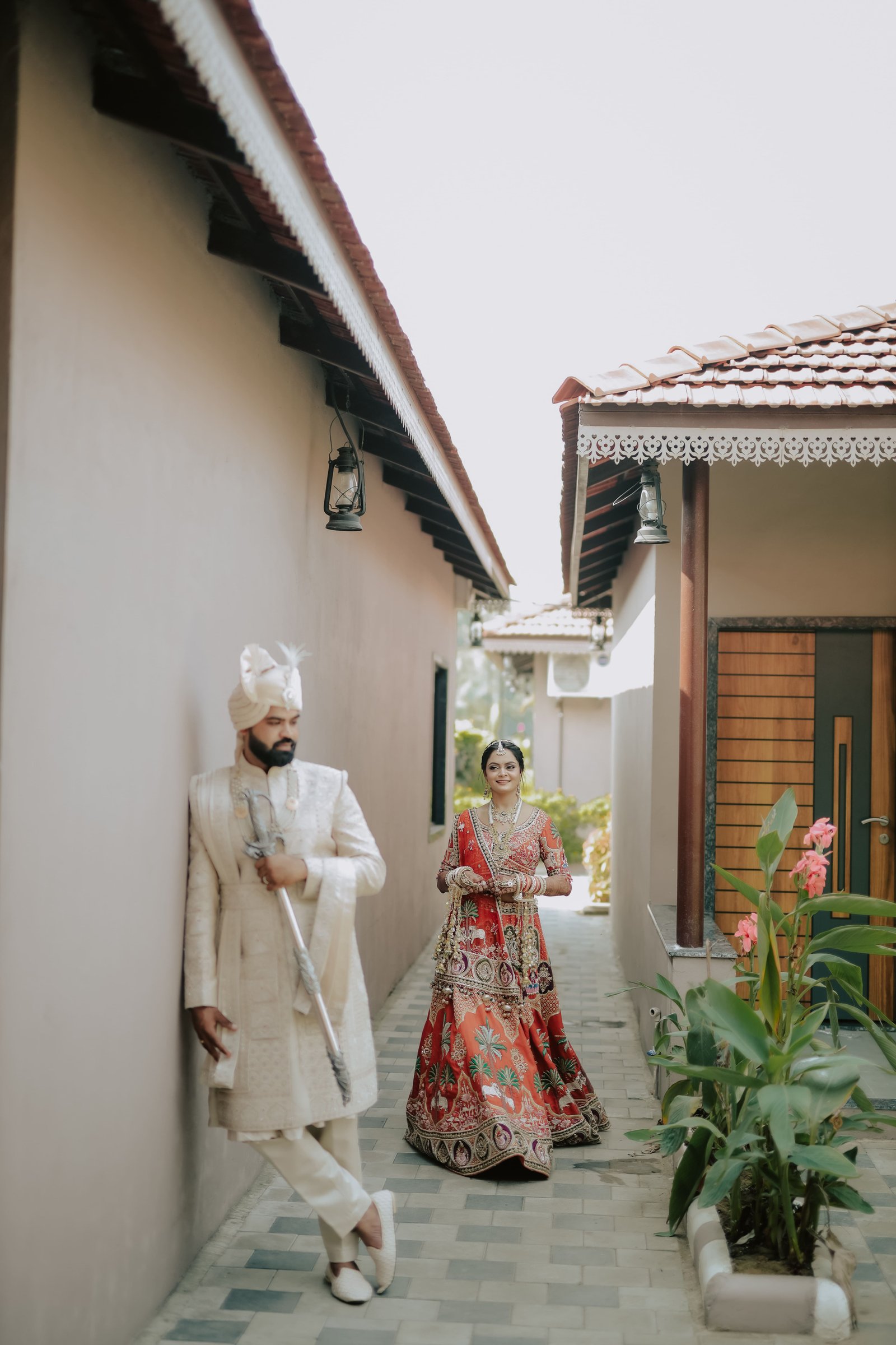 Bride and groom at European villa